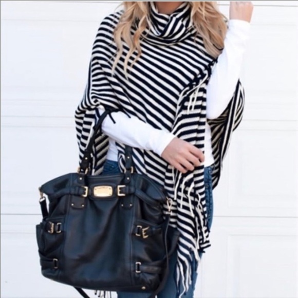 Sweaters - Striped Poncho Fringe Black White Wrap - NEW